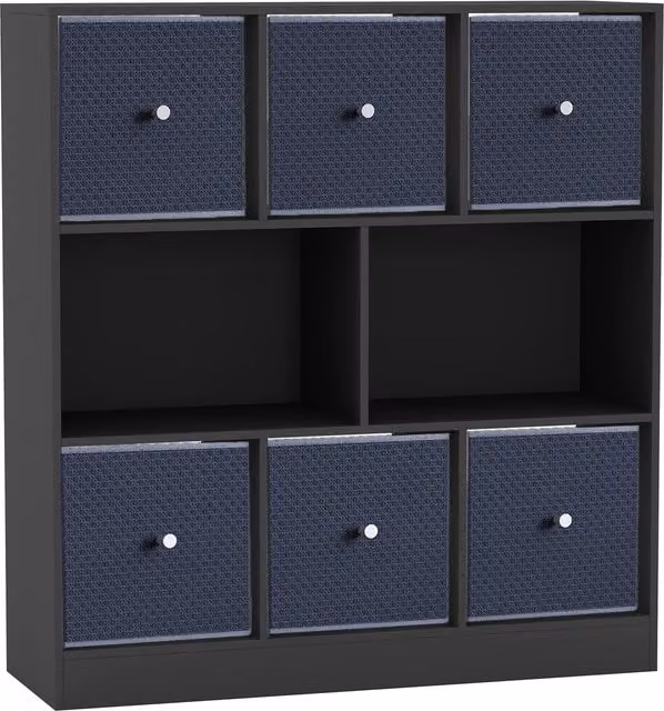 URBNLIVING 8 Cube Black Bookcase with 6 Navy Blue Fabric Storage Drawers