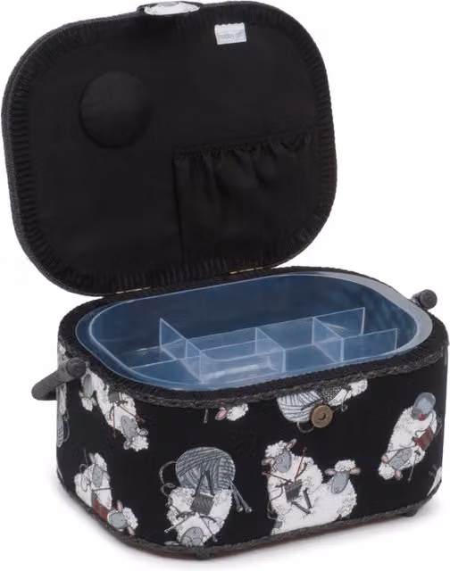 HobbyGift Oval Sewing Box with Black Knit Sheep Design