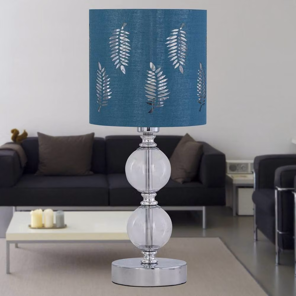 First Choice Lighting Chrome Two Ball Table Lamp with Teal Fabric Fern Shade in Silver – 3