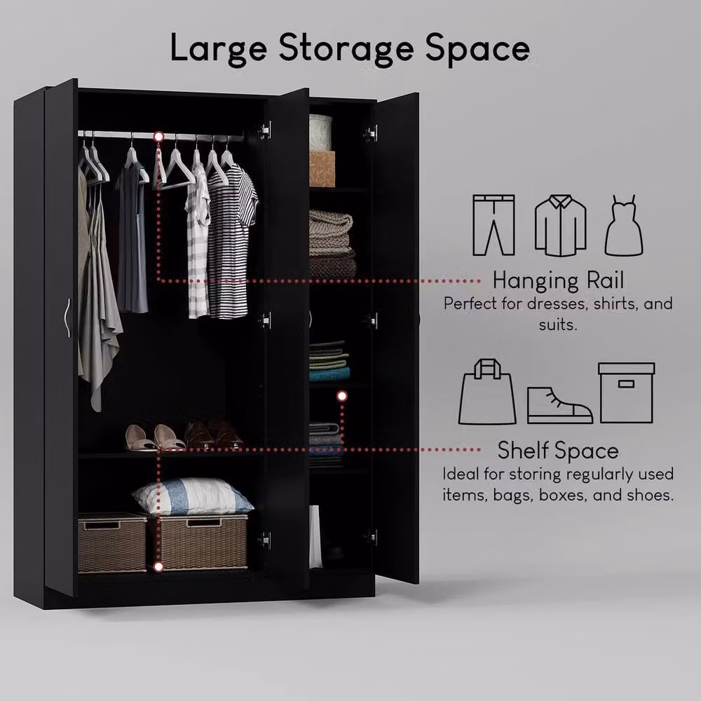 HD Designs Riano 3 Door Wardrobe in Matt Black with Hanging Rod and Internal Shelves, H 170.0 cm x W 115.5 cm – 4