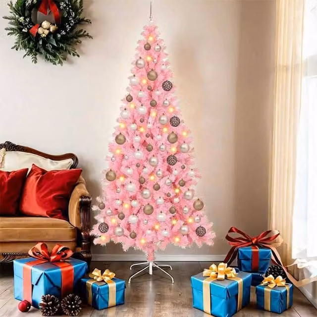 Berkfield Home Pink PVC Christmas Tree with 300 LEDs and Stand, Height: 180 cm – 1