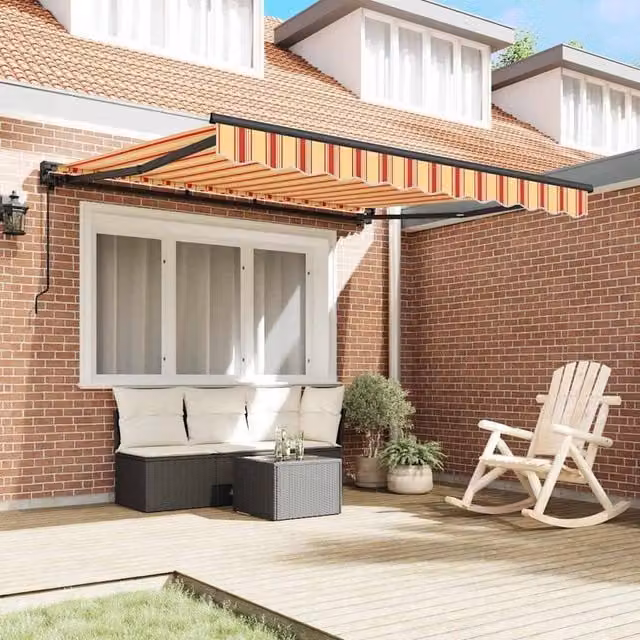 Berkfield Home Manual Retractable Folding Arm Awning in Yellow and Orange Striped Polyester, W/D/H: 300 x 250 cm – 1