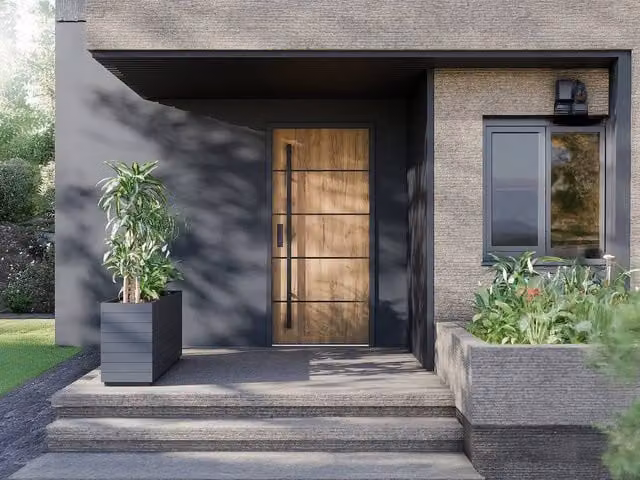 Vente-unique Modern Solid Steel and Stainless Steel Front Door with Glass Insert in Light Oak, H: 207 cm, W: 100 cm