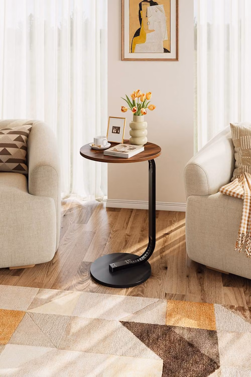 H&O Direct Modern Round Metal Side Table with MDF Tabletop in Black and Brown – 2