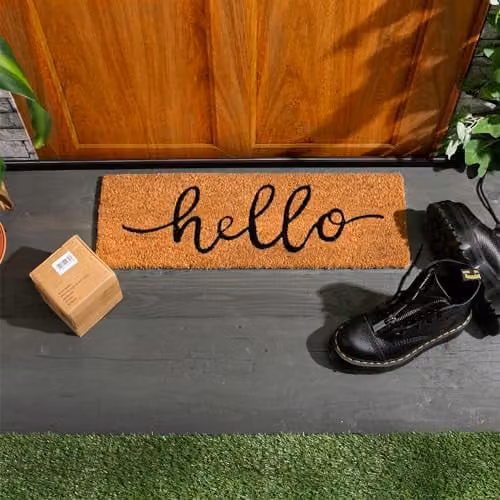 Nicola Spring Hello Coir Step Mats, Pack of 2, Brown, W: 60 cm, D: 20 cm, H: 1.5 cm – 2