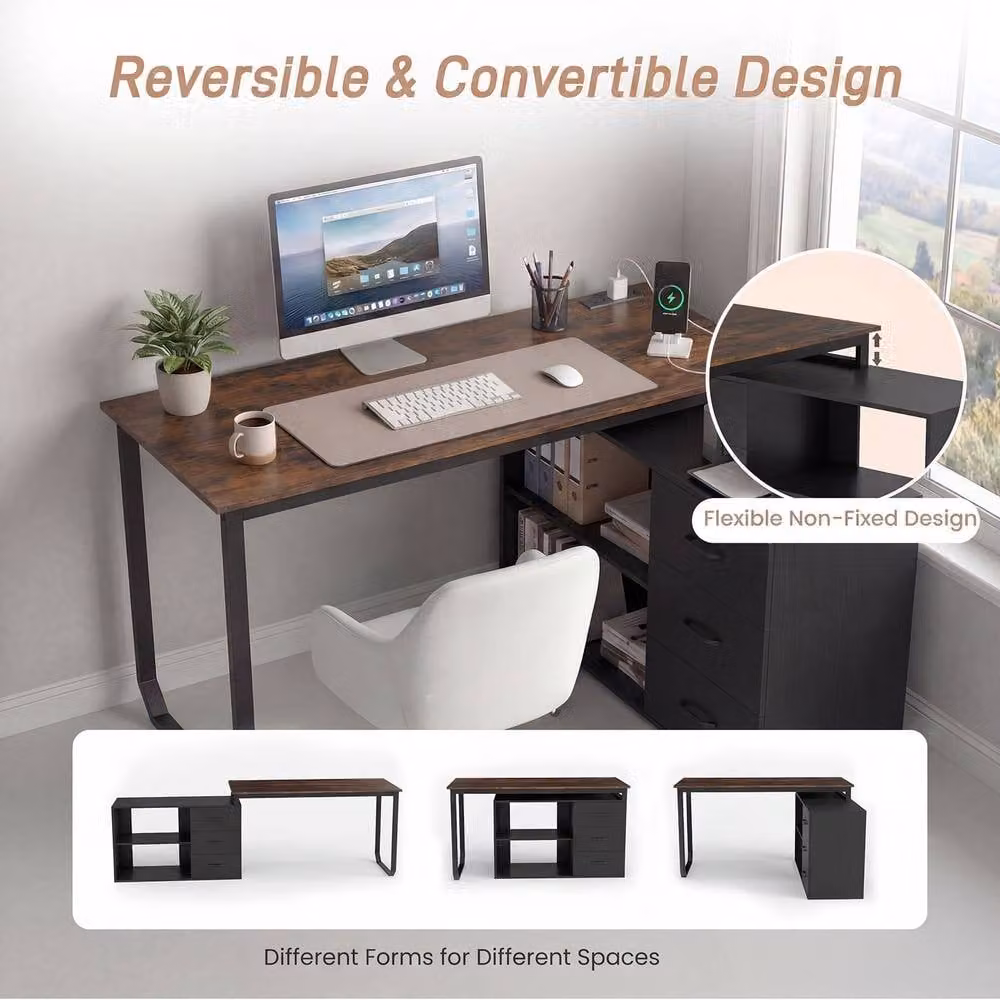 Costway Reversible L-Shaped Corner Desk with Power Outlet in Brown, Width: 140 cm – 6