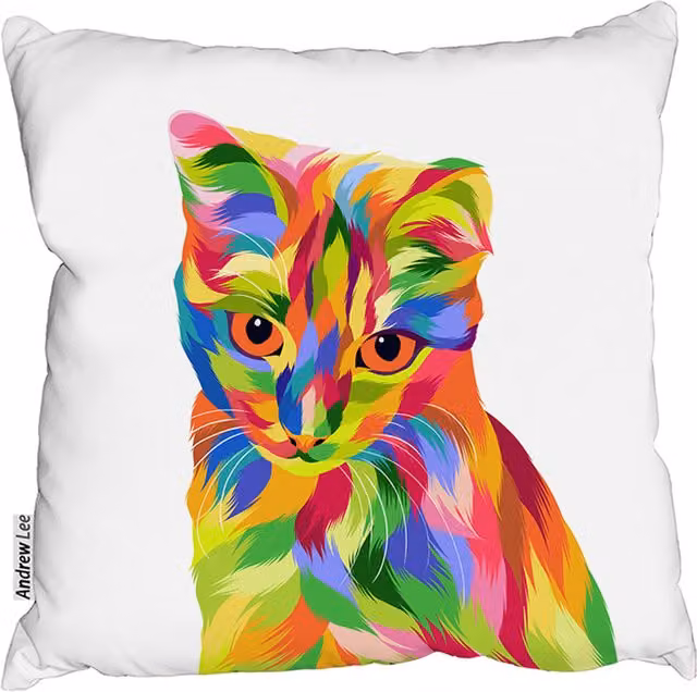 Benjamin Tate Design LTD Animal Cat Illustration Pop Art Outdoor Cushion, Green and Multicolour, W: 60 cm, H: 60 cm