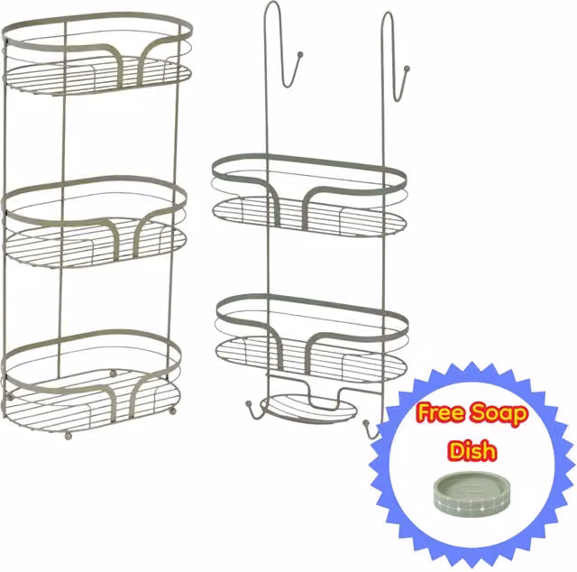 Showerdrape Dante Green Freestanding Metal Floor Caddy and 2 Tier Over Door Hook Shower Caddy with Soap Dish