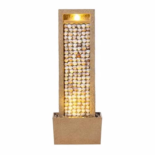 Teamson Home Garden Outdoor Water Feature Tall Cascade Waterfall Fountain with Warm LED Lights and Layered Rock Design in Brown and Beige – 1