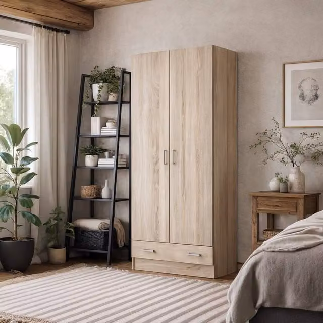Wyld Haus Berlin Slim 2 Door Wardrobe with 1 Drawer in Natural Wood, H 170.4 cm x W 79.4 cm – 1
