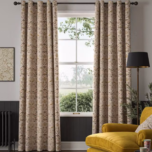 William Morris At Home Strawberry Thief Made to Measure Floral Eyelet Curtains in Yellow and Multicolour