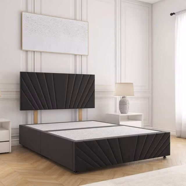BSSPOKE Rose Plush Velvet Divan Bed Set with 24 inch Headboard in Black, Double Size (W/D/H: 140 x 200 cm)