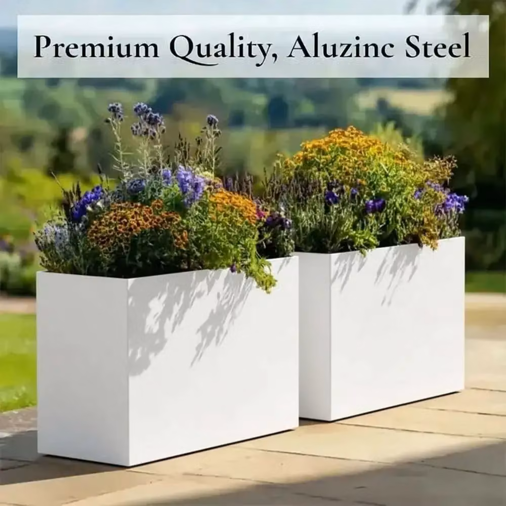 Woven Wood Matte White Trough Planter with Galvanised Steel, W: 90 cm, H: 60 cm, D: 30 cm – 6