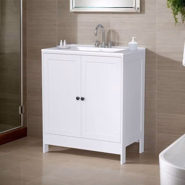 FORGEVIO Modern White Freestanding Bathroom Sink Cabinet with Hinged Doors and Internal Shelves
