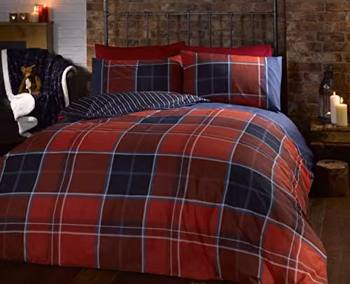 Rapport Home Argyle Red Tartan Check Reversible Polycotton King Size Duvet Cover and 2 Pillowcase Set, W/D/H: 180 x 200 cm, Pillowcases: 50 x 75 cm