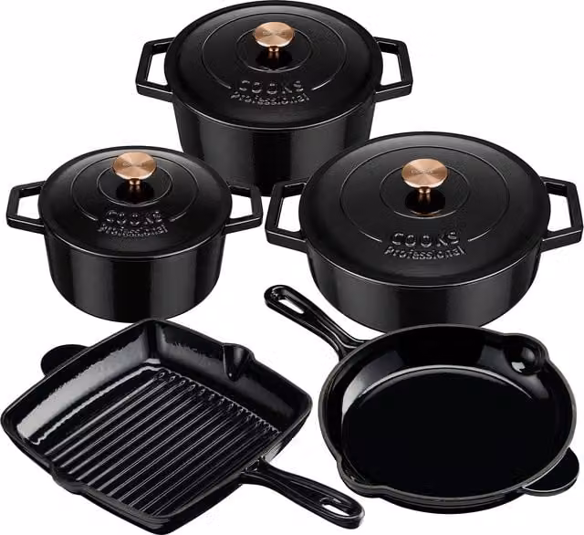 Cooks Professional 5 Piece Black Enamel Cast Iron Casserole Dish, Frying Pan and Skillet Set
