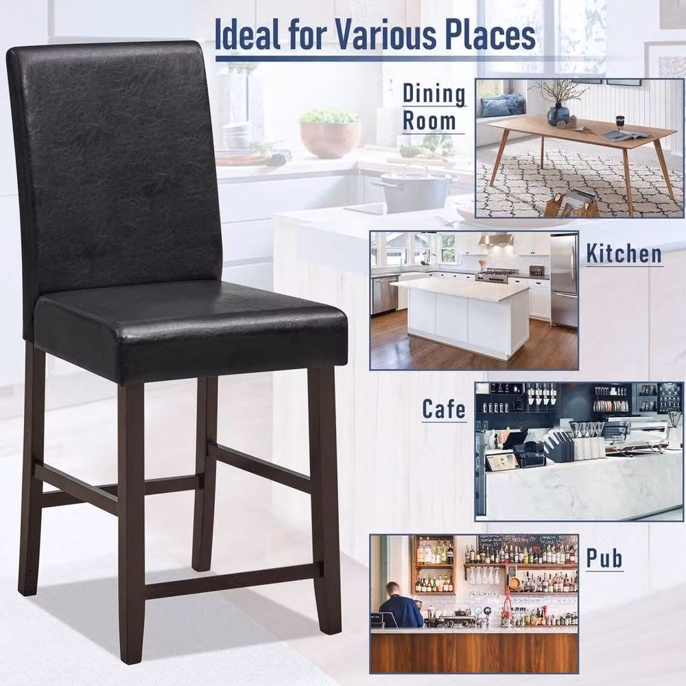NESTLUNE 2-Pack PU Upholstered Bar Stools in Black with Rubberwood Legs – 4