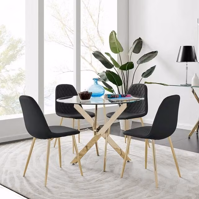 FurnitureboxUK Novara Round Tempered Glass Dining Table with Gold Legs and 4 Black Corona Faux Leather Chairs, Diameter: 100 cm