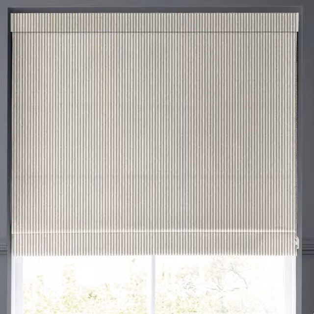 Emily Bond Oscar Stripe Made to Measure Blackout Roman Blind in Smoke Grey and Beige