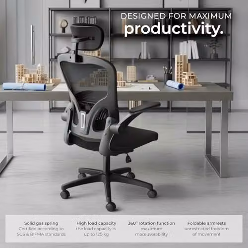 tectake Ergonomic Office Chair in Black with Mesh Backrest, Headrest and 360 Degree Swivel Function – 9