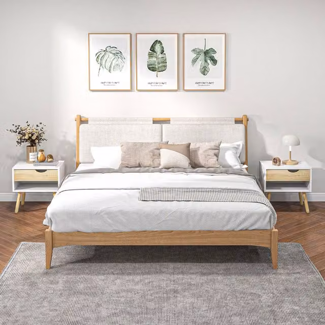 HOMCOM Scandinavian Bedside Table with Drawer and Shelf in Natural Wood