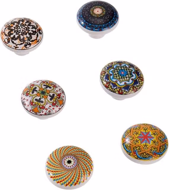 Living and Home 6-Piece Bohemian Style Polished Ceramic Cabinet and Drawer Knobs in Yellow and Multicolour