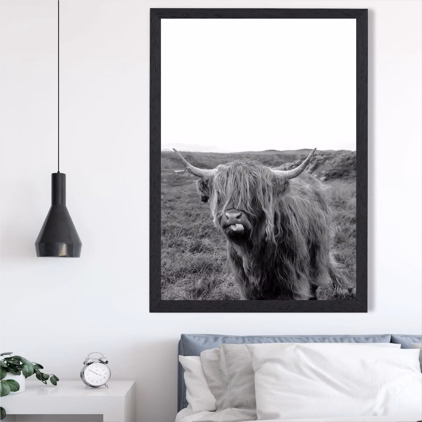 ARTZE Cheeky Highland Cow Black and White Animal Photo Framed Print – 2