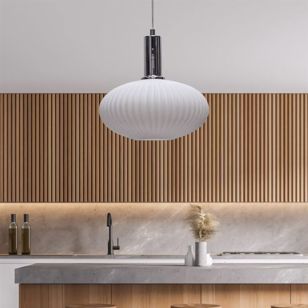 First Choice Lighting Baton Art Deco Pendant Fitting with White Ribbed Oval Glass and Chrome Finish – 2