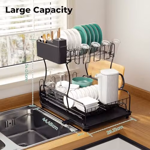 Toque 2-Tier Expandable Dish Drainer Rack in Black with Cutlery Holder and Drip Tray – 4