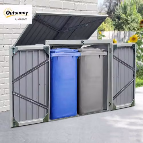 Outsunny Black Steel 2-Bin Rubbish Storage Shed – 2