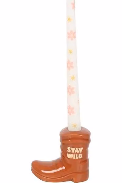 KDMD Brown and White Ceramic Cowboy Boot Taper Candle Holder with Floral Design – 2