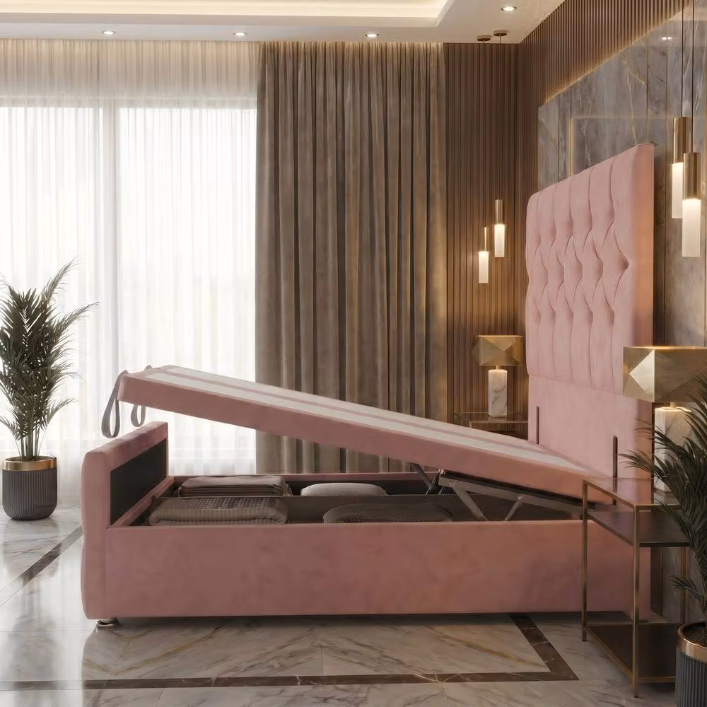 Somnior Ziggy Double Plush Storage Ottoman Divan Bed with Headboard and Footboard in Pink Velvet Fabric, W/D/H: 140 x 200 cm – 2