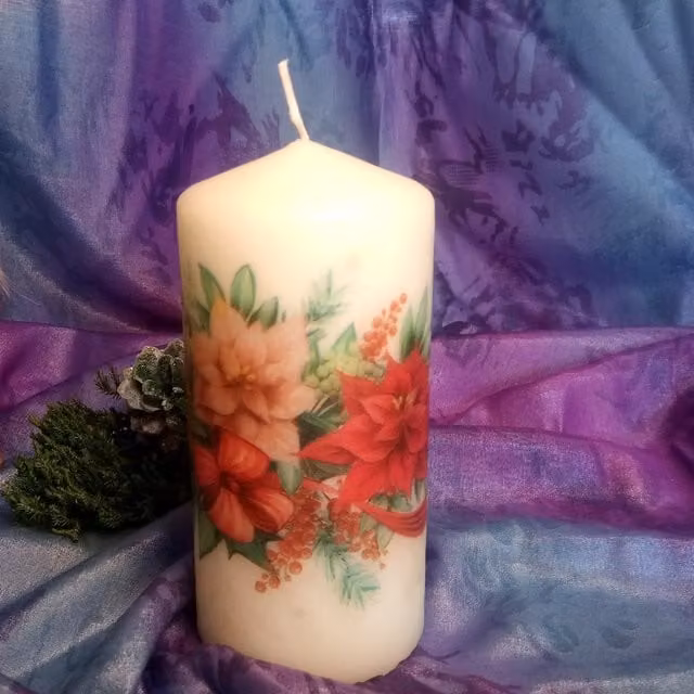 Viki Christmas Poinsettia Floral Pillar Candle, White, Set of 2