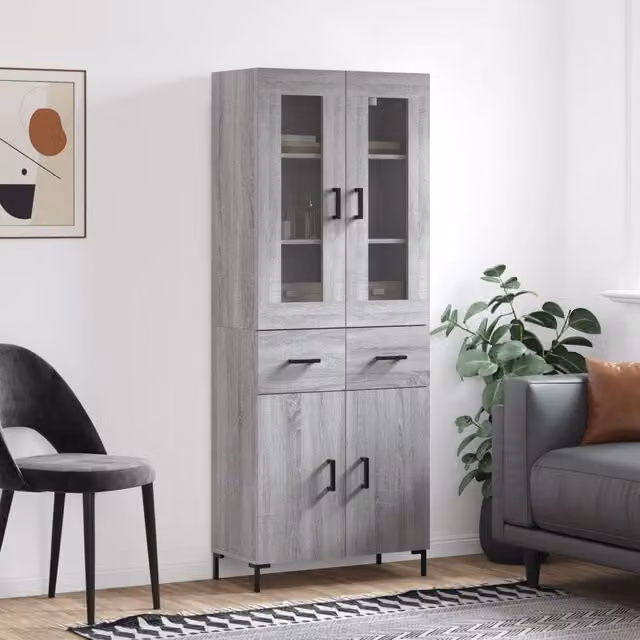 Berkfield Home Grey Sonoma Highboard with Doors and Drawers, H 180 x W 69.5 x D 34 cm – 1