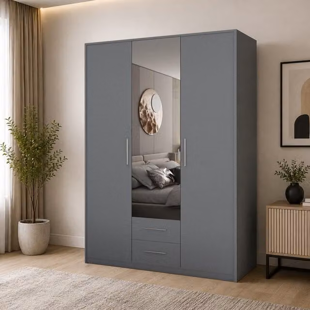 Swindon Modern 3 Door Grey Wardrobe with Mirror and 2 Integrated Drawers, Width: 135 cm