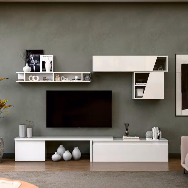 Decorotika Lille Minimalist Wall Mounted Entertainment Center with Lowboard and Open Shelf in Glossy White