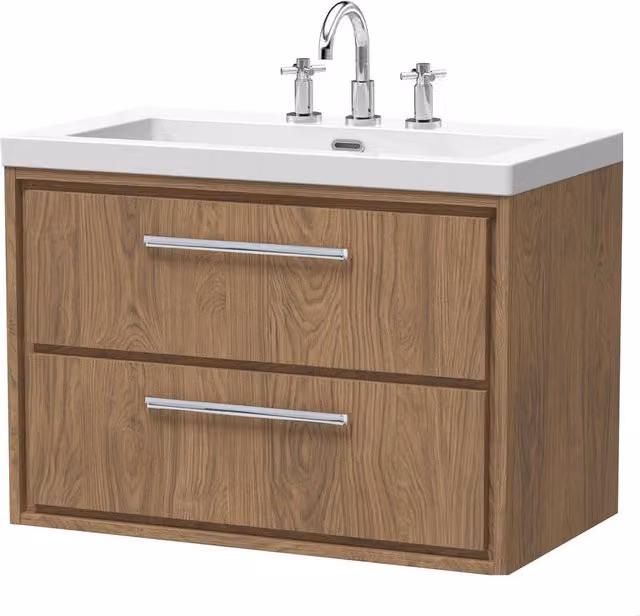 Balterley Longnor 2 Drawer Wall Hung Vanity Basin Unit in Antique Oak Brown, Width: 80 cm