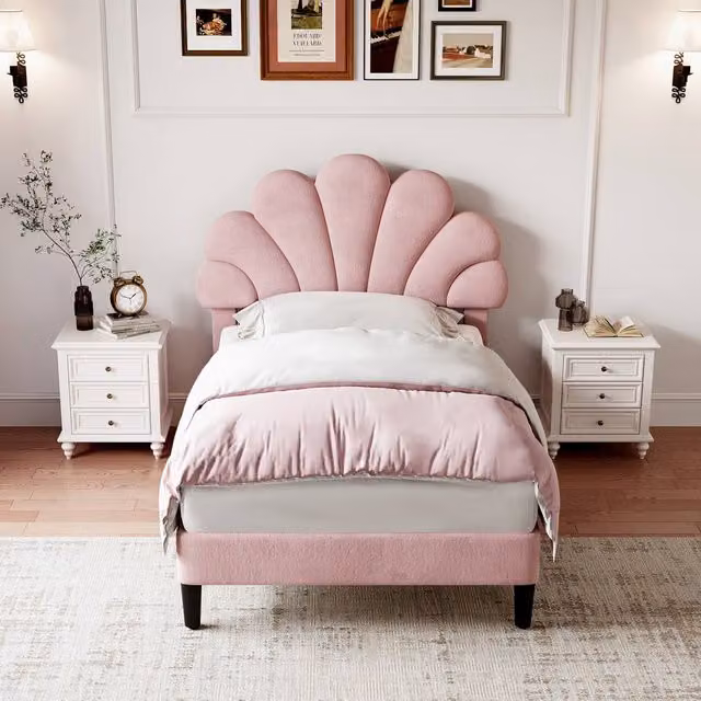 Merax 3ft Single Velvet Upholstered Bed with Adjustable Chic Petal Headboard in Pink, W/D/H: 90 x 190 cm