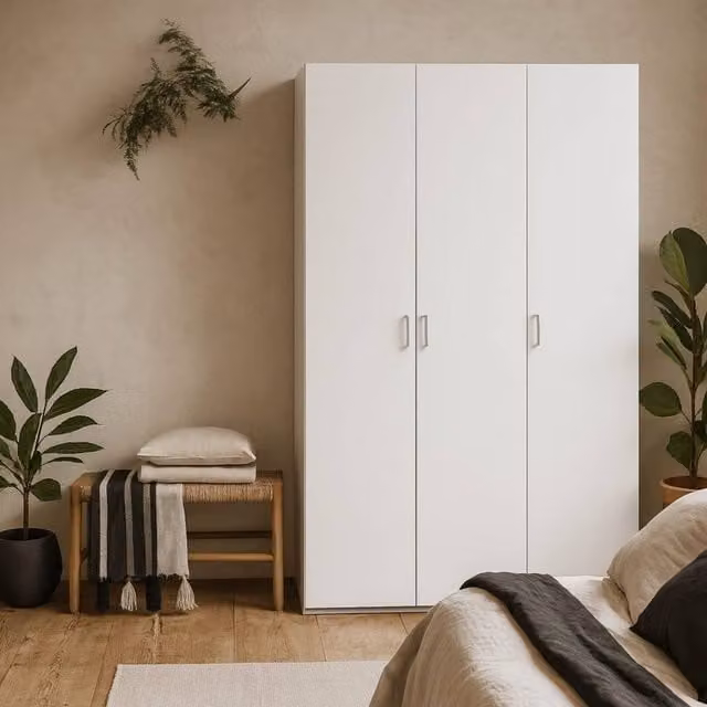 Wyld Haus Munich White 3 Door Wardrobe with Internal Shelves and Hanging Rod, H 175.4 x W 115.8 x D 49.4 cm