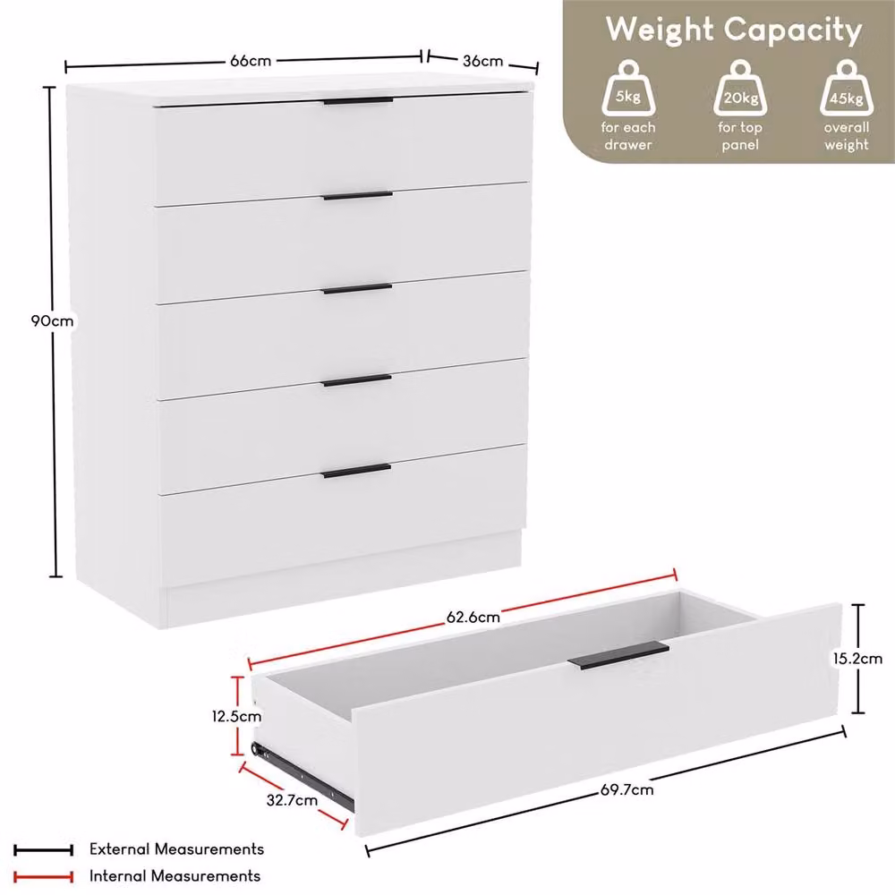 EONLION Modern 5 Drawer White Bedroom Storage Chest – 2