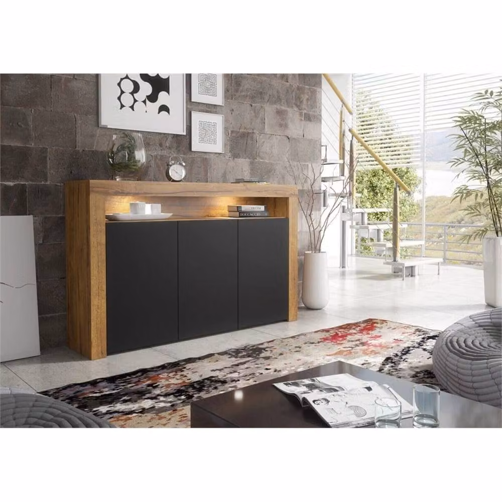 PAWNORA Modern Oak Matt Body and Black Matt Doors TV Stand Sideboard in Brown with Integrated Lighting – 3