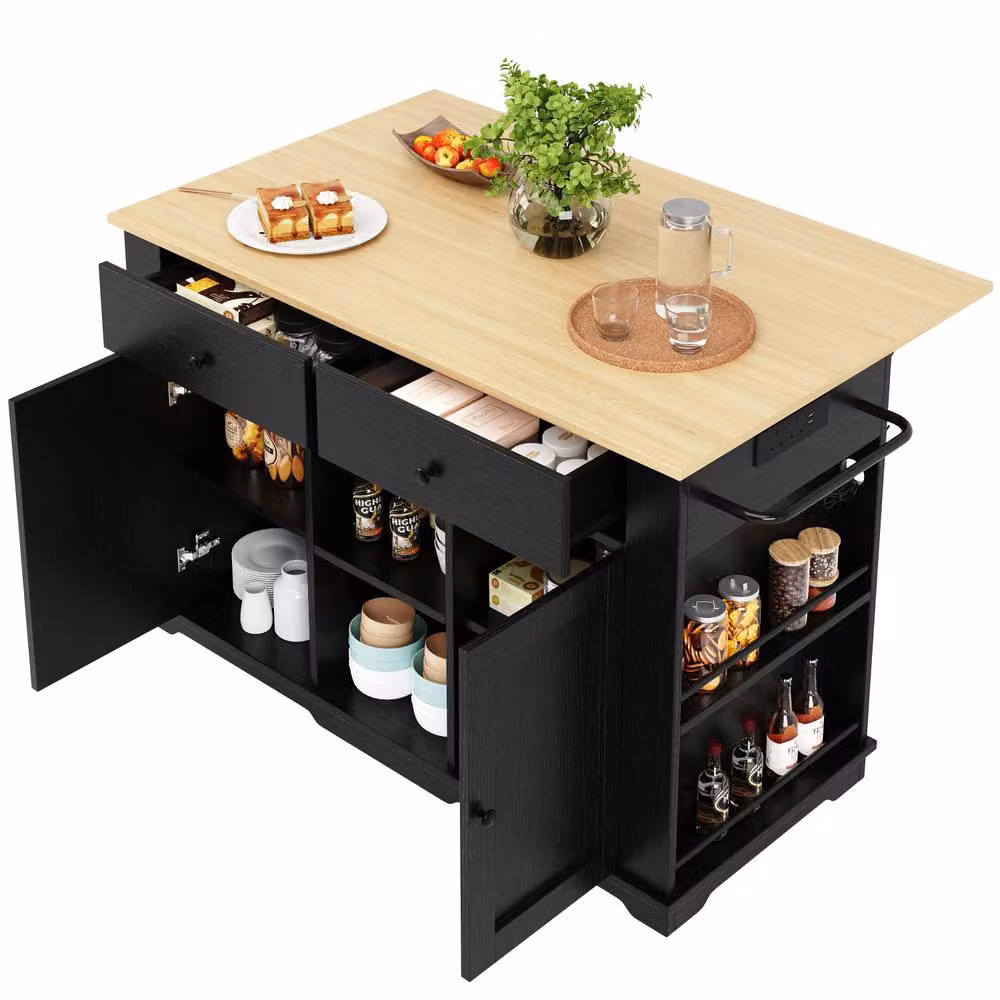 Rolipo Black Kitchen Island Trolley with Wood Grain Top and Power Strip – 7