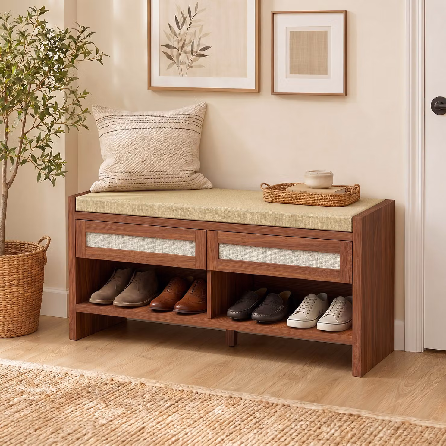 HOMCOM Boho Shoe Storage Bench with 2 Rattan Drawers, Cushioned Seat and Open Shelf, Brown – 2