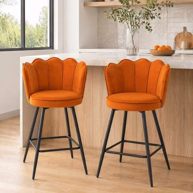 STILVORA Set of 2 Modern Orange Velvet Bar Stools with Metal Legs – 1
