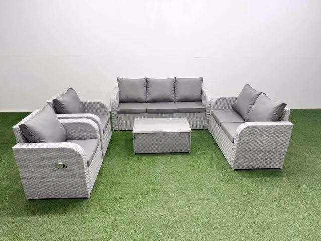 Fimous PE Rattan Garden Furniture Set in Light Grey with Adjustable Chairs, 2 Seater Sofa, 3 Seater Sofa, and Oblong Coffee Table
