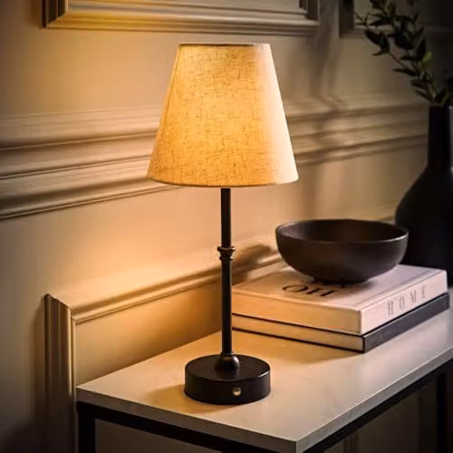 ValueLights Lowe Black Rechargeable Portable Table Lamp with Beige Linen Shade – 2
