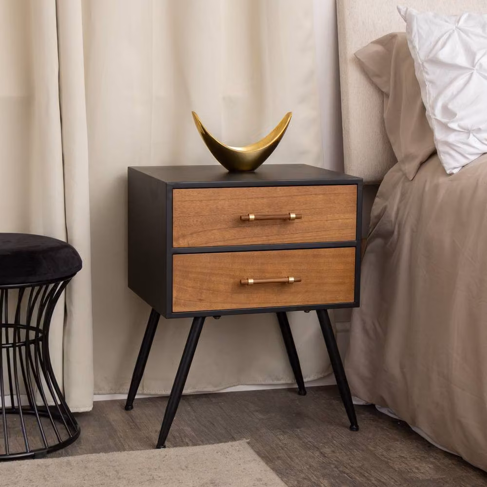 Melody Maison Ludlow Range Mid-Century Modern Wood and Black 2 Drawer Bedside Cabinet – 2