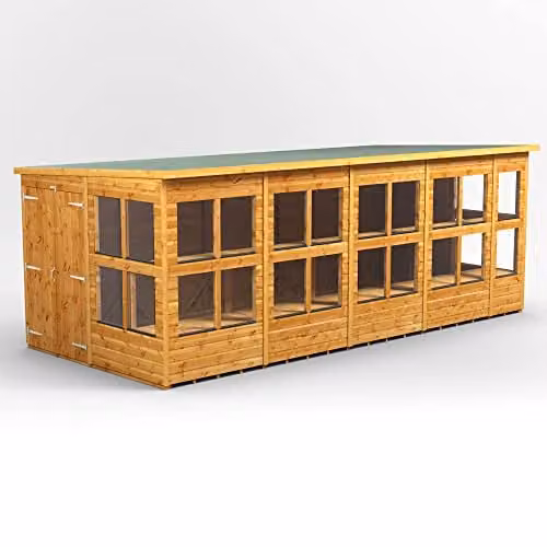 POWER Premium Pent Wooden Greenhouse Shed in Brown with Double Doors and Tempered Glass Windows