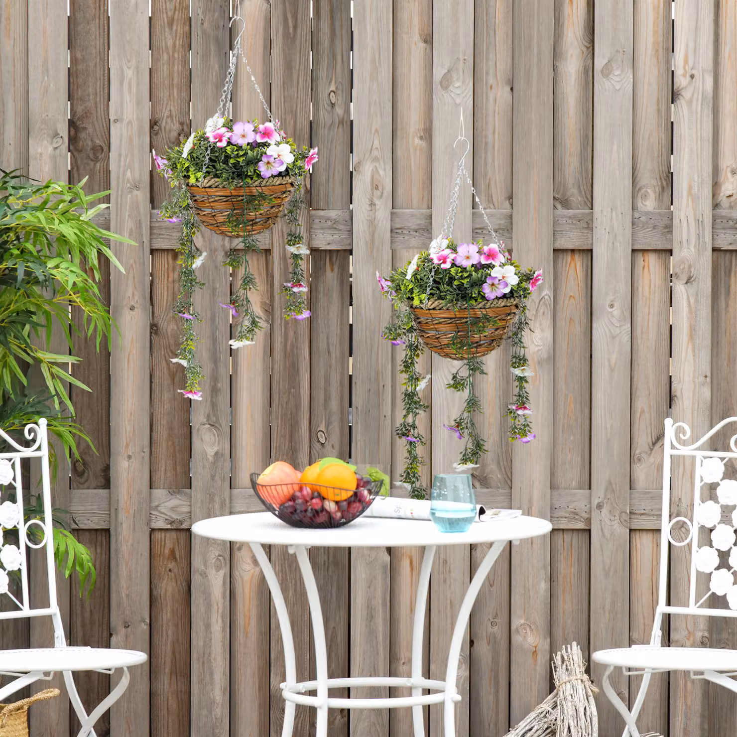 HOMCOM Set of 2 Pink and White Artificial Azalea Flowers in Metal Hanging Baskets – 4