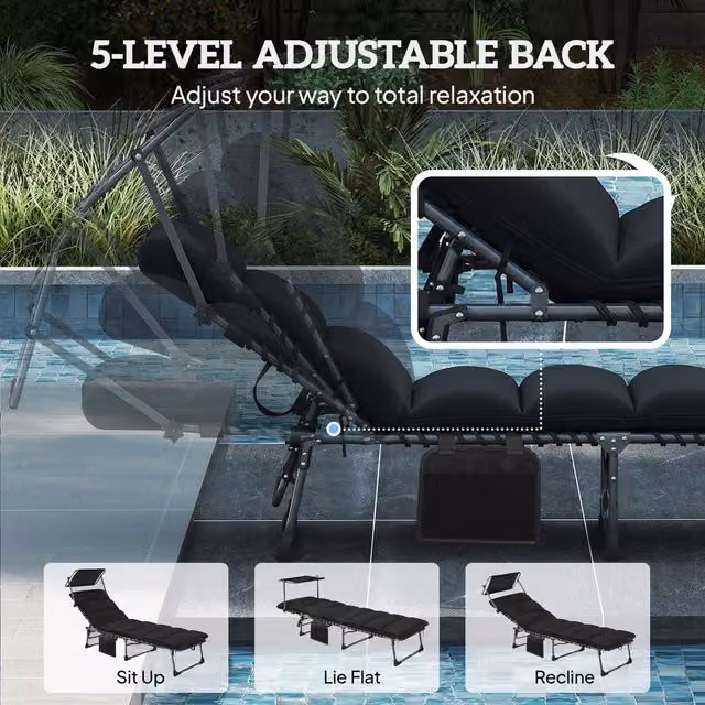 Outsunny Set of 2 Folding Sun Loungers with Canopy in Black